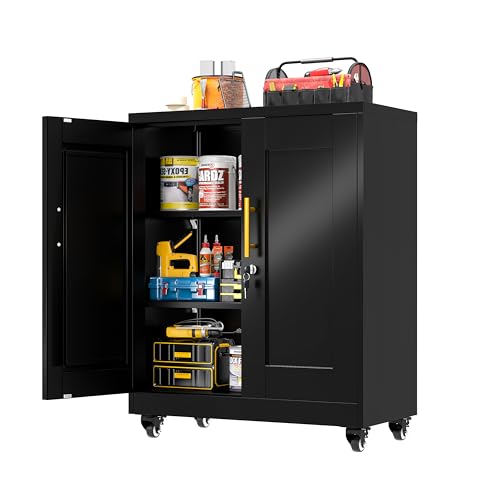 GAIOUS Metal Storage Cabinet with Lock and Wheels, Steel Tool Cabinet | with 2 Door and 2 Adjustable Shelves, 35” Tall Lockable File Cabinet, Garage Cabinet, Rolling Cabinet for Home Office - Black - color: Black, size: 13.8"D x 27.6"W x 35.4"H