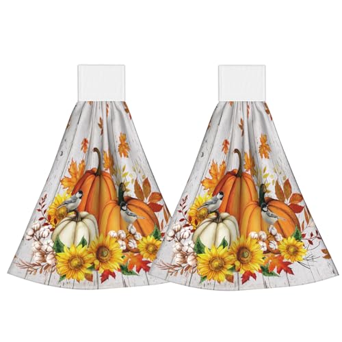 Giwawa Autumn Pumpkin Kitchen Hanging Towel Set of 2 Sunflower Wood Fingertip Dish Tie Towels Fast Drying Washcloth for Bathroom Laundry Tabletop - color: Autumn Pumpkin Wood