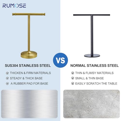 RUMOSE Brushed Gold Hand Towel Holder Stand Countertop Towel Rack | 13 Inch Bathroom Kitchen Vanity T-Shape Towel Stand Free Standing Stainless Steel Towel Bar Towel Ring - color: Brushed Gold