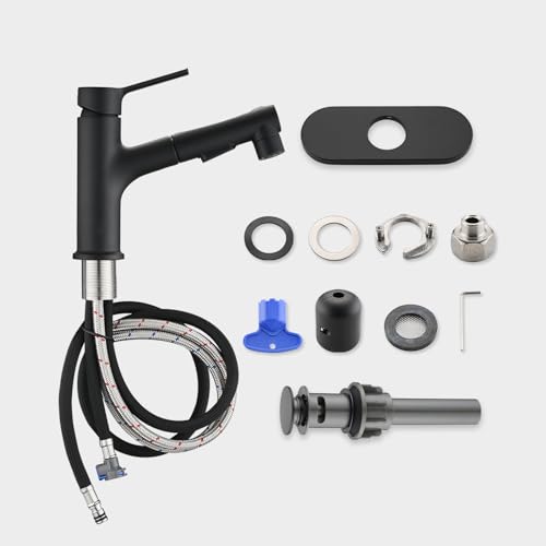 Bathroom Sink Faucet with Pull Out Sprayer, Single Handle Modern Bathroom Basin Faucet with Pop-up Sink Drain Stopper & Deck Plate 1 or 4-inch Centerset 3 Hole, Matte Black - color: Matte Black
