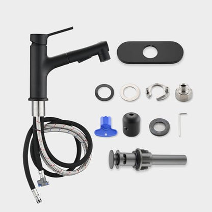 Bathroom Sink Faucet with Pull Out Sprayer, Single Handle Modern Bathroom Basin Faucet with Pop-up Sink Drain Stopper & Deck Plate 1 or 4-inch Centerset 3 Hole, Matte Black - color: Matte Black