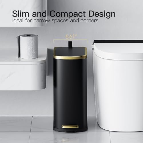CEROELDA Small Bathroom Trash Can with Lid Soft Close-10L/2.6 Gal Slim Garbage Can-Metal Step Wastebasket-Rectangle Narrow Waste Bin for Office, Bedroom, Toilet, Live Room (Black) - color: Black, size: 2.6 Gallon