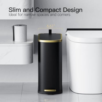 CEROELDA Small Bathroom Trash Can with Lid Soft Close-10L/2.6 Gal Slim Garbage Can-Metal Step Wastebasket-Rectangle Narrow Waste Bin for Office, Bedroom, Toilet, Live Room (Black) - color: Black, size: 2.6 Gallon