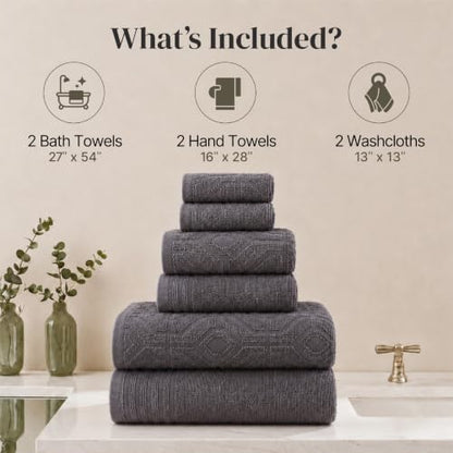 Modern Threads 6 Piece Cotton Bath Towel Set – Ultra Soft 550 GSM Towels – Bathroom Set with Hand Towels and Washcloths – Geometric (Charcoal) - color: Charcoal, style: Geometric