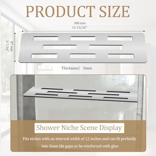 12 Inch Shower Niche Shelf Brushed 316 Stainless Steel Finish Tile Insert | Rectangular Shelf for 12 Inch Tile Prefabricated Niches, Fits 1/8 Inch Grout Lines, Shower Niche Insert Brushed 316 Stainless - size: 316 Stainless Steel - Silver