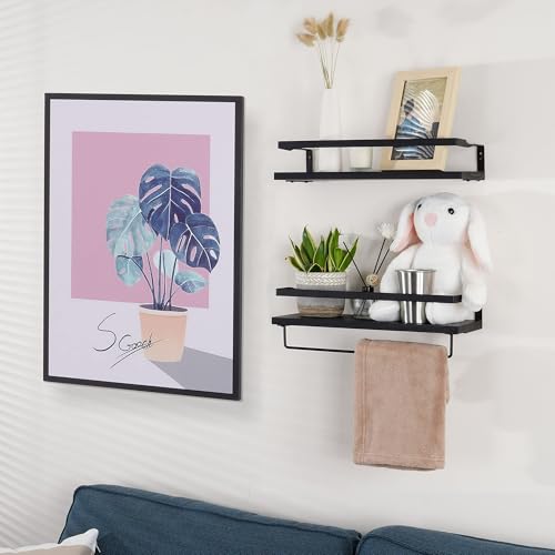 Elevon Floating Shelves for Bathroom Organizer Over Toilet, Bathroom Shelves Wall Mounted with Towel Rack, Corner Wall Shelf for Bedroom Decor Kitchen Storage (Black, Set of 2)
