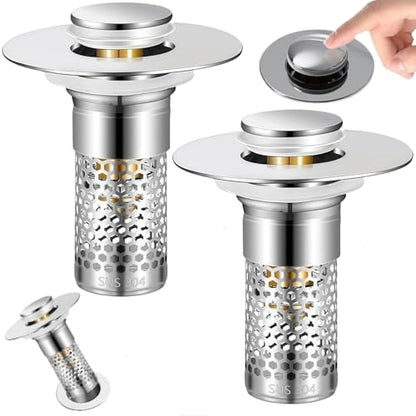 Bathroom Sink Drain Strainer 2 Pack,Bathroom Sink Stopper with Pop-Up Drain and Removable Hair Catcher, Stainless Steel Filter Basket, Fits Standard US Bathroom Sinks