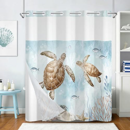 No Hook Shower Curtain with Snap in Liner Set, Sea Turtles Shower Curtain with Removable Button Liner and Mesh Top Window, Double-layer Waterproof Fabric Shower Curtains for Bathroom with Weighted Hem - color: Two Turtles