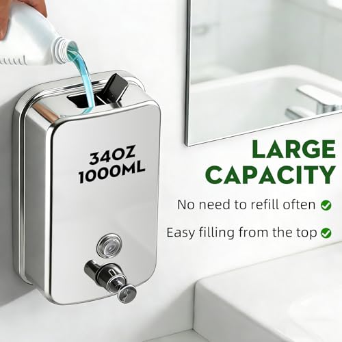 RYTOXILO Wall Mounted Soap Dispenser Silver Stainless Steel Commercial Soap Dispenser Hand Soap Dispenser for Bathroom Kitchen Home (34 fl oz / 1000ml) - color: Silver