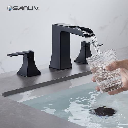 Black Waterfall Bathroom Faucet, Sanliv 3-Piece Widespread Bathroom Faucet for 3-Hole Sinks 4-8 inch, Modern 2-Handle Vanity Faucet with Pop-Up Drain, Matte Black - color: Matte Black