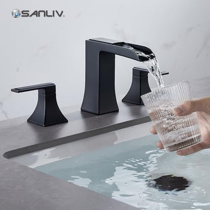 Black Waterfall Bathroom Faucet, Sanliv 3-Piece Widespread Bathroom Faucet for 3-Hole Sinks 4-8 inch, Modern 2-Handle Vanity Faucet with Pop-Up Drain, Matte Black - color: Matte Black