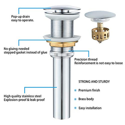 Bathroom Sink Drain Without Overflow with Strainer Basket Detachable Vessel Sink Lavatory Vanity Pop Up Drain Stopper Polished Chrome - color: Chrome, size: Without Overflow