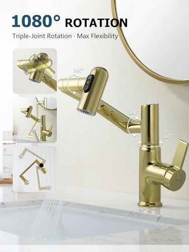 Rotatable Bathroom Faucet with Temperature Display in Fahrenheit (Batteries-Free), 3 Water Outlet Modes, Polished Gold, BF2204-5 - color: Polished Gold