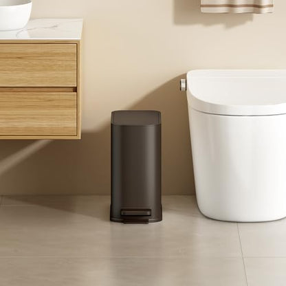 TIPGO Small Bathroom Trash Can with Lid Soft Close, Step Pedal, 1.3 Gallon / 5 Liter Stainless Steel Slim Garbage Can for Office, Diaper Waste Basket with Removable Inner Bucket (Brown) - color: Brown