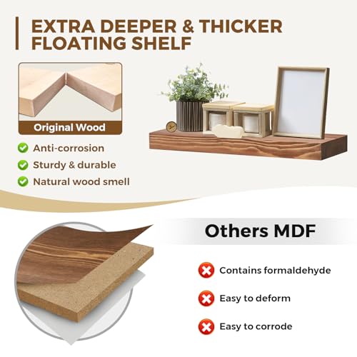 Solid Wood Floating Shelves, 17 Inch Wall Shelves, Set of 2, Brown | 8 Inch Deep, 1.6 Inch Thick, Extra-Wide Display Space, Mounting Hardware Included, For Kitchen, Bathroom and Living Room - color: Brown, size: 17x8x1.6