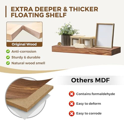 Solid Wood Floating Shelves, 17 Inch Wall Shelves, Set of 2, Brown | 8 Inch Deep, 1.6 Inch Thick, Extra-Wide Display Space, Mounting Hardware Included, For Kitchen, Bathroom and Living Room - color: Brown, size: 17x8x1.6