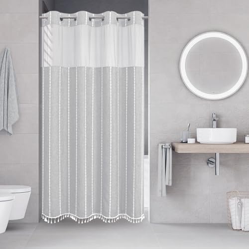 eachope No Hook Stall Shower Curtain with Snap-in Fabric Liner - 54x80 Heavy-Duty Linen Textured Striped Design,Narrow Rustic Modern Farmhouse Bohemian Bathroom Curtain,Water-Repellent,Grey/Gray | 230GSM Thick Fabric,Hotel Luxury Decor,Mesh Top Window,Wat