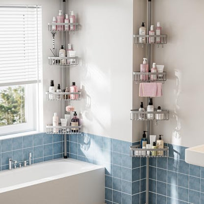 Corner Shower Caddy Tension Pole: Stainless Steel Rustproof 4-Tier Shower Organizer - 47-121 inch Adjustable Bathroom Shelves for Bathtub Shampoo Storage - Tension Rod Floor Standing Bath Rack - style: B Styel-Grey