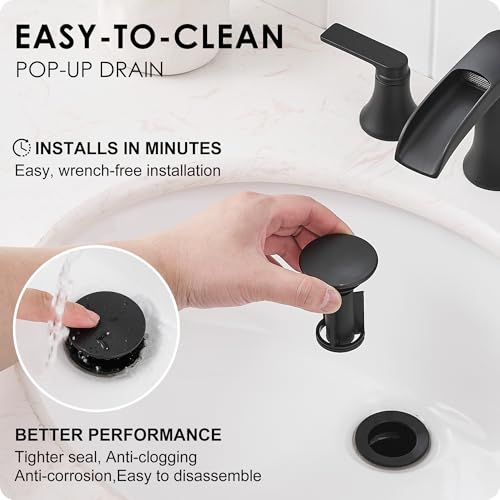 Matte Black Widespread Bathroom Sink Faucet 3 Hole, 8 Inch Waterfall Faucet for Bathroom Sink with Pop-Up Drain and cUPC Supply Lines, 2 Handles for Vanity Lavatory Restroom, Brass Material - color: Matte Black - Elegant