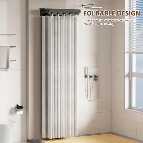 Wall Mount Folding Shower Curtain Rod, 62 Inches Adjustable Diamond Shaped Corner Shower Curtain Rod 90 Degrees for Bathroom, Laundry Room, Bathtub and more, Need to Drill