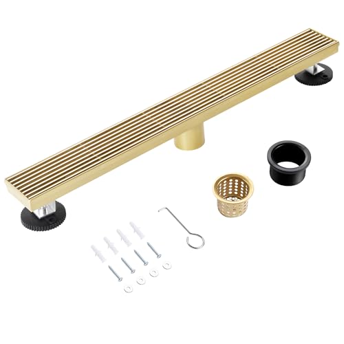 Linear Shower Drain, 24 inch Brushed Gold | Including Hair Catcher and Removable Grate, 304 Stainless Steel, Easy to Install and Clean (Drain Base Not Included) - color: Brushed Gold, size: 24 inch