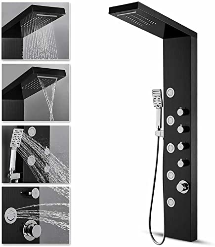 LED Light Shower Panel Tower Rainfall Waterfall Shower Head with Massager Jets Body System Jet Black B (Color : Black E) - color: Black E