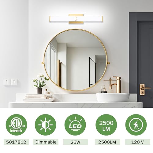 24 Inch Bathroom Vanity Light 2500LM, 5700K Daylight White Modern Bathroom Light Dimmable, AC 120V 25W Gold LED Vanity Lighting Fixtures Wall Sconce ETL Certified, 2Pack - color: Gold-5700K, size: 24 INCH(2 Pack)