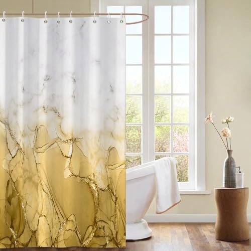 Yellow Marble Stall Waterproof Shower Curtain 48x72 inches | RV Small Shower Curtain Set for Bathroom, Abstract Modern, Machine Washable, Easy to Install with Hooks, Ombre White Yellow - color: Yellow, size: 48"W x 72"L (Pack of 1)