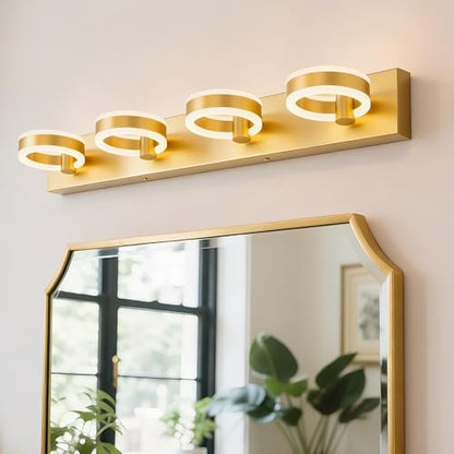 LED Bathroom Light Fixtures, 33inch Gold Vanity Lights, Modern 4 Light Acrylic Wall Sconces, 350° Rotatable Wall Lighting Fixture Over Mirror - color: Gold, size: 4 Lights