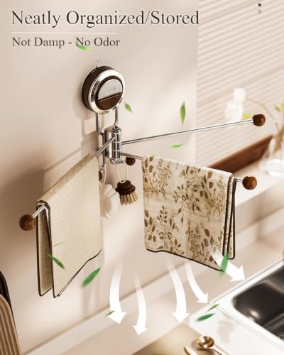No-Drill Suction Cup Towel Bar 3 Arm 180° Rotating, Stainless Steel & Wood Knobs Suction Towel Bar, Wall Mounted Towel Rack for Bathroom Kitchen, Reusable