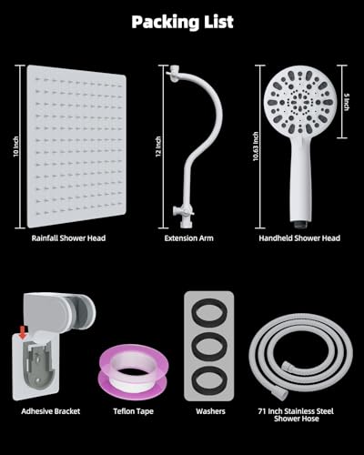 Hibbent All Metal High Pressure Rainfall 10'' Shower Head, Handheld Showerhead Combo, 12'' Adjustable Shower Extension Arm, 7-Spray, 71'' Hose, Adhesive Showerhead Holder, White - color: White, style: Square 10''