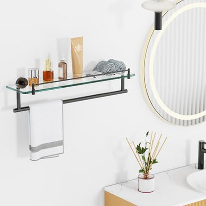 20-Inch Tempered Glass Bathroom Shelf with Towel Bar - Matte Black & Stainless Steel, Wall Mount Rustproof Tower Rail with Shelves - color: Matte Black, size: 20-inch with Railing