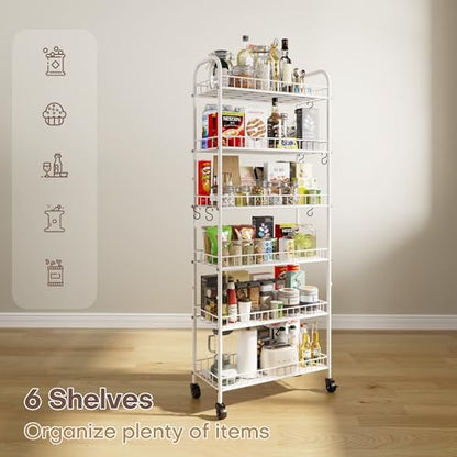 6 Tier Slim Rolling Storage Cart with Wheels, Metal Mobile Shelving Unit Organizer Utility Cart for Office Bathroom Kitchen Laundry Room Narrow Places (White 10 Inches) - size: White 10 Inches