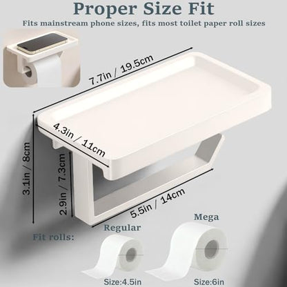 Cream White Toilet Paper Holder with Shelf | Self Adhesive Toilet Tissue Roll Holder Wall Mount for Bathroom, Washroom, Kitchen, RV with Cell Phone Storage