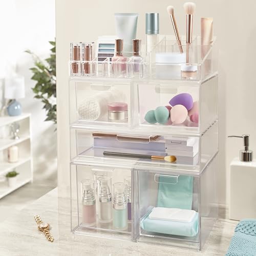STORi Audrey Clear Vanity Makeup Organizer | 15-Compartment Holder for Brushes, Eyeshadow Palettes, & Beauty Supplies | Stacks on Audrey Storage Drawers | Made in USA - size: Cosmetic Organizer, style: Cosmetic Organizer Topper