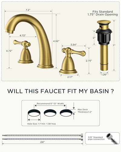 FORIOUS Bathroom Faucet 3 Hole Widespread 8" Sink Faucets Brushed Gold | 3-hole 6-12 Inch Widespread Sink, 2 Lever Handle, with Drain and Hoses,for Vanity Rv Commercial Lavatory Restroom Farmhouse - color: Brushed Gold, style: Classic