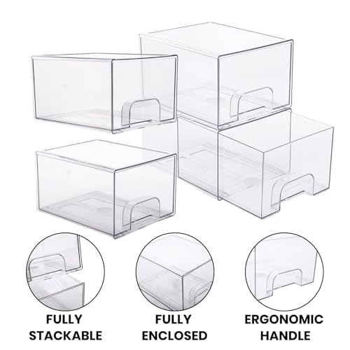 4 Pack Small Clear Stackable Storage Drawers | Acrylic Bathroom Makeup Organizer Plastic Storage Bins For Vanity Undersink Kitchen Cabinets Pantry Home Organization