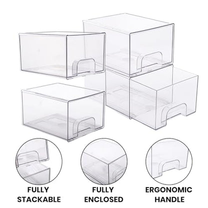 4 Pack Small Clear Stackable Storage Drawers | Acrylic Bathroom Makeup Organizer Plastic Storage Bins For Vanity Undersink Kitchen Cabinets Pantry Home Organization