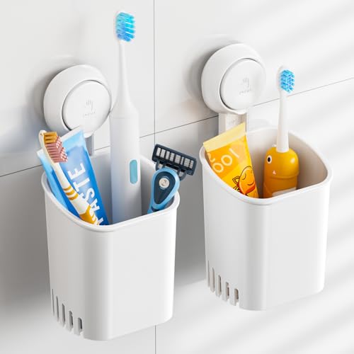 TAILI Suction Toothbrush Holder 2 Pack, Tumblers Replacement Shower Toothbrush Holder for Wall, Powerful Toothpaste Toothbrush Suction Cup, Self-draining Shower Razor Holder, Kitchen Tableware Holder - color: White (2 Pack)