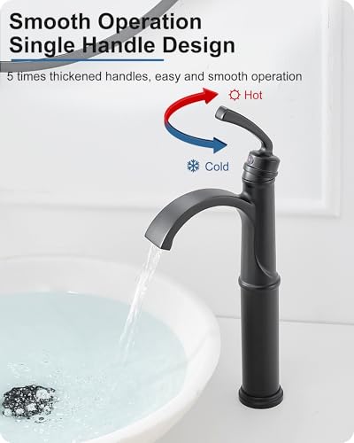 Waterfall Vessel Faucet, Tall Bathroom Faucet Black, Brass Vessel Sink Faucets Bathroom Sink Faucet One Hole Single Handle with Supply Hoses Pop-up Drain - color: Matte Black