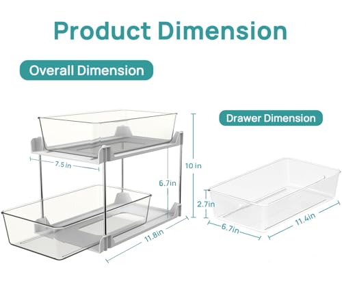2 Pack Bathroom Organizer,2 Tier White Under Sink Organizers Vanity Countertop Storage Container,Cabinet Drawers Bins, Pull-Out Organization with Track for Pantry, Kitchen