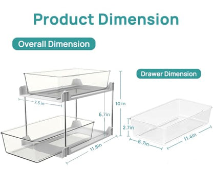 2 Pack Bathroom Organizer,2 Tier White Under Sink Organizers Vanity Countertop Storage Container,Cabinet Drawers Bins, Pull-Out Organization with Track for Pantry, Kitchen