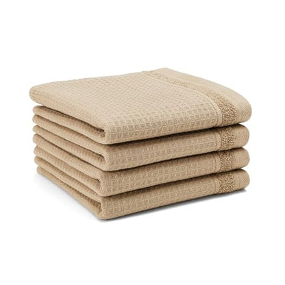 Town & Country Basics 4-Piece Waffle Woven Terry Stripe Washcloth Set, 13x13-Inch, 100% Cotton, Quick Dry, Taupe - color: Taupe