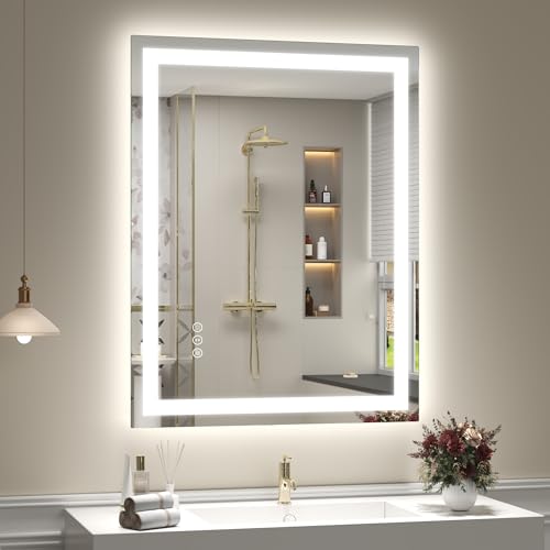 28x36 LED Lighted Bathroom Mirror for Vanity Wall | Front Light and Backlit, Anti-Fog, Memory, 3 Color, Tempered Glass, Dimmable, Rectangular, UL, Horizontal/ Vertical Mounted - color: Rectangular Led Bathroom Mirror, size: 36"L x 28"W