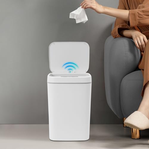 Touchless Motion Sensor Trash Can, 4 Gal Space-Saving Automatic Rectangular Waste Bin, White Garbage Can for Home, Office, Bathroom & Kitchen
