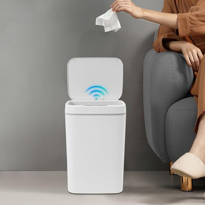 Touchless Motion Sensor Trash Can, 4 Gal Space-Saving Automatic Rectangular Waste Bin, White Garbage Can for Home, Office, Bathroom & Kitchen