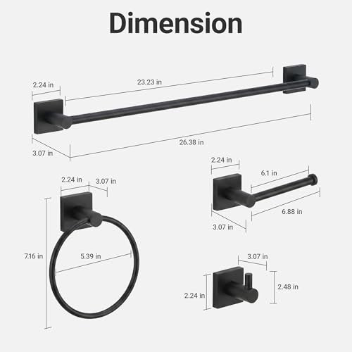 24-Inch Wall Mounted Towel Racks for Bathroom – Space Saver 4-Piece Durable Stainless Steel Bathroom Hardware Set with Towel Bar, Towel Ring, Toilet Paper Holder & Hook, Matte Black - color: Black