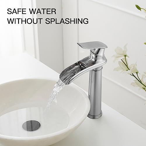 BWE Vessel Sink Faucet Brushed Nickel Tall Waterfall Bathroom Faucet | Deck Mount Single Handle One Hole Lavatory Vanity Faucet with Pop Up Drain Assembly and Supply Hose,Solid Brass - color: Brushed Nickel, size: 11.81 inch Vessel Version
