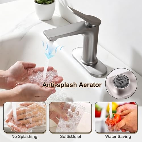 Rbrohant Single Hole Bathroom Faucet, Brushed Nickel Single Handle Bathroom Sink Faucets for 1 Hole, Bathroom Vanity Faucet with Pop up Drain and Cover Plate, Deck Mount, R2001-BNP - color: Brushed Nickel, style: With Escutcheon
