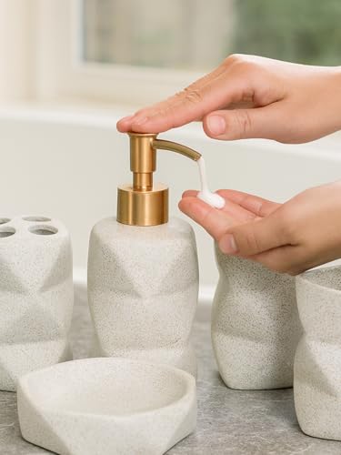 Ceramic Bathroom Accessories Set, 5-Piece Modern Bath Set with Soap Dispenser, Toothbrush Holder, 2 Tumblers & Soap Dish, Speckled Stoneware Countertop Bathroom Decor